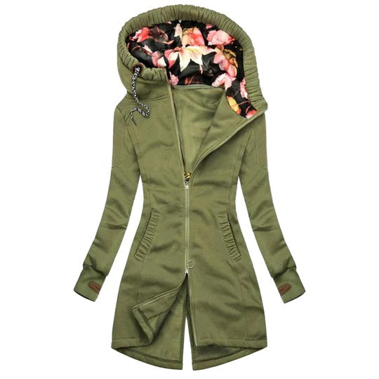 ModeGeist | Winterjacke - stylische Damenjacke mit Kapuze und Blumenfutter