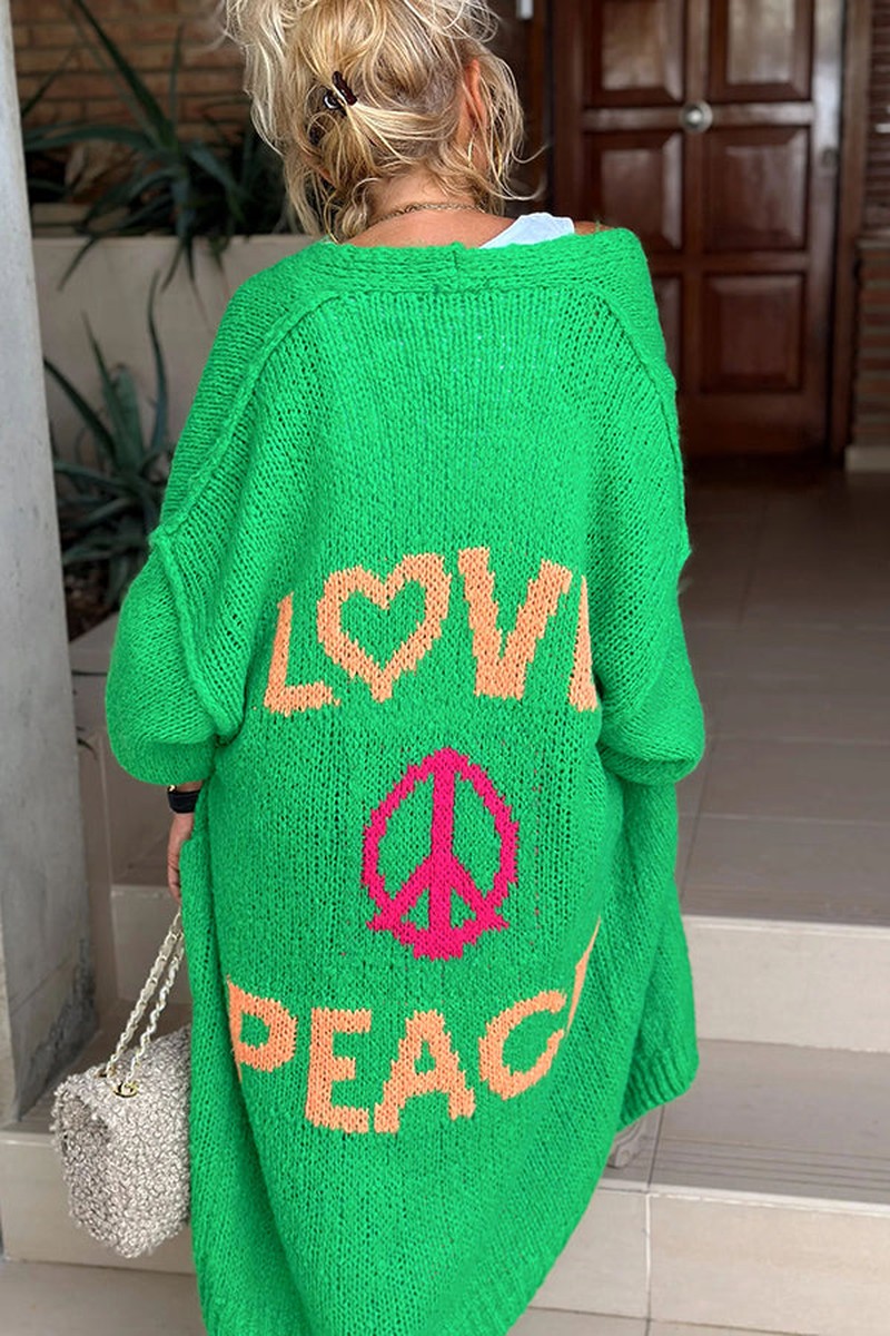 MODEGEIST Long Knit Cardigan with Love & Peace Design