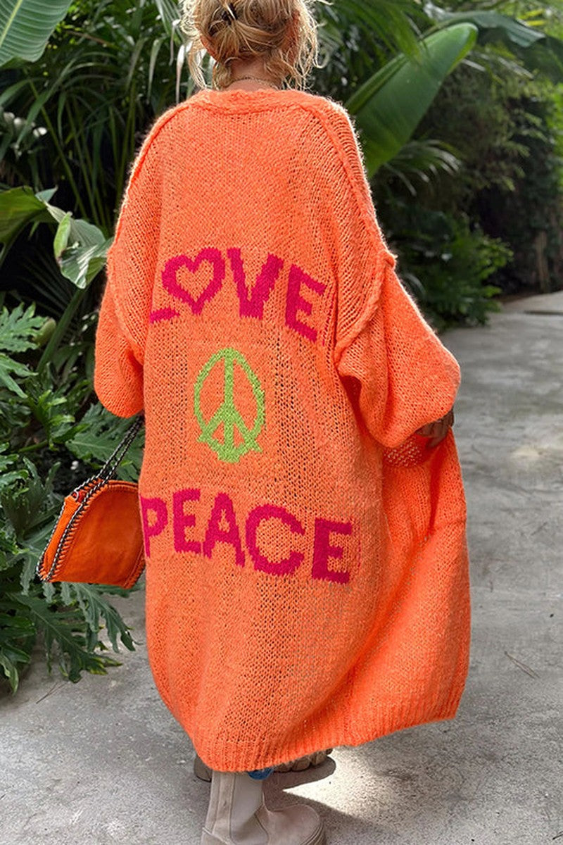MODEGEIST Long Knit Cardigan with Love & Peace Design