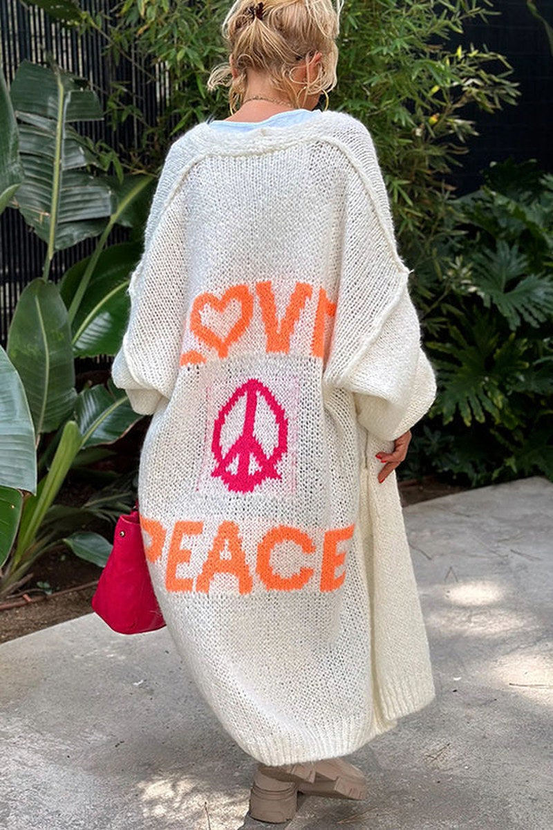 MODEGEIST Long Knit Cardigan with Love & Peace Design