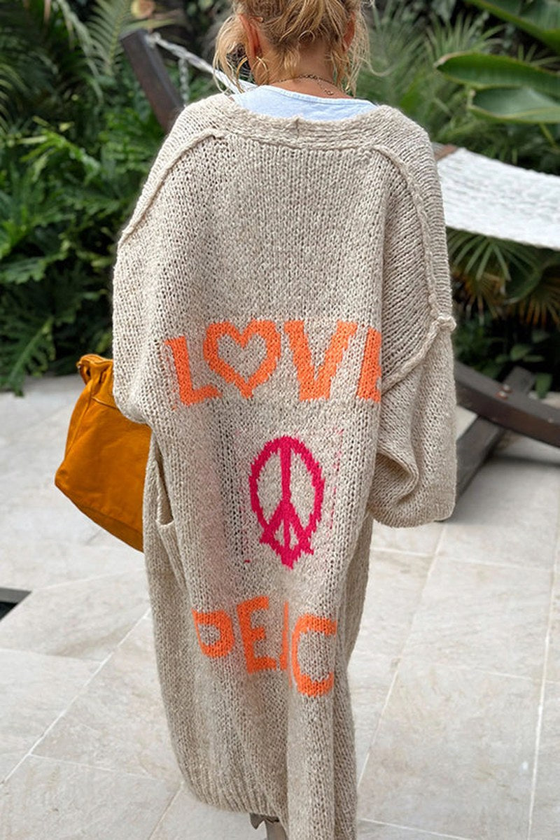 MODEGEIST Long Knit Cardigan with Love & Peace Design