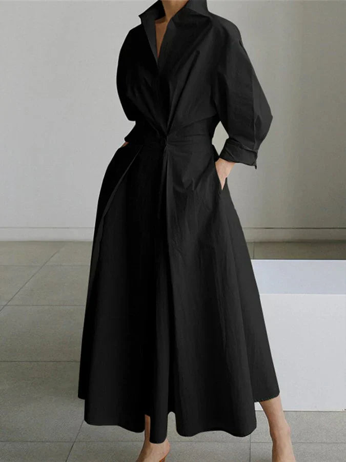 ModeGeist | Elegantes Damen Maxi Kleid mit Kragen und Schmeichelhaften Falten