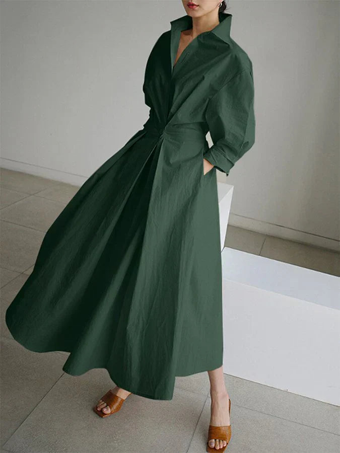 ModeGeist | Elegantes Damen Maxi Kleid mit Kragen und Schmeichelhaften Falten