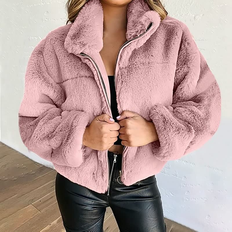 ModeGeist | Warme Damen Teddyjacke mit Reißverschluss und Hohem Kragen