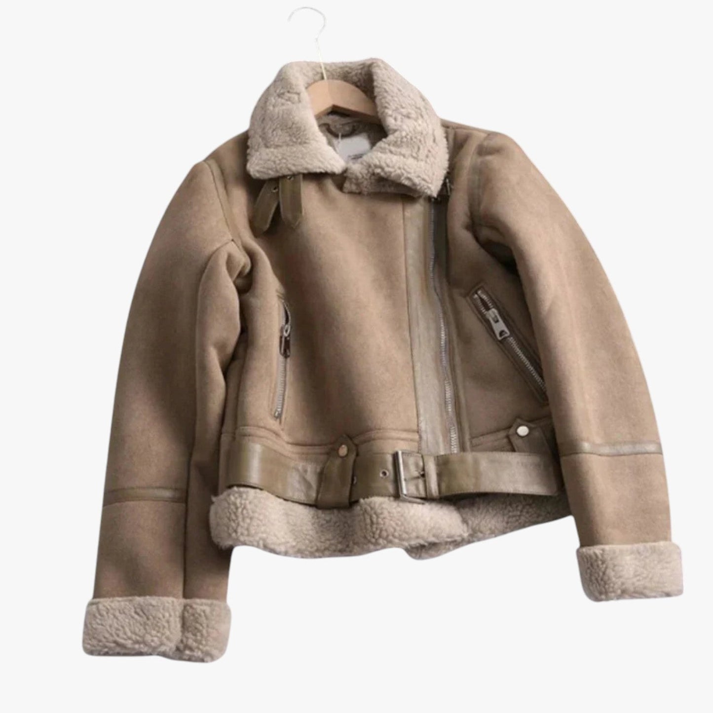 ModeGeist | Warme Damen Teddy Bikerjacke mit Reißverschluss und Kragen