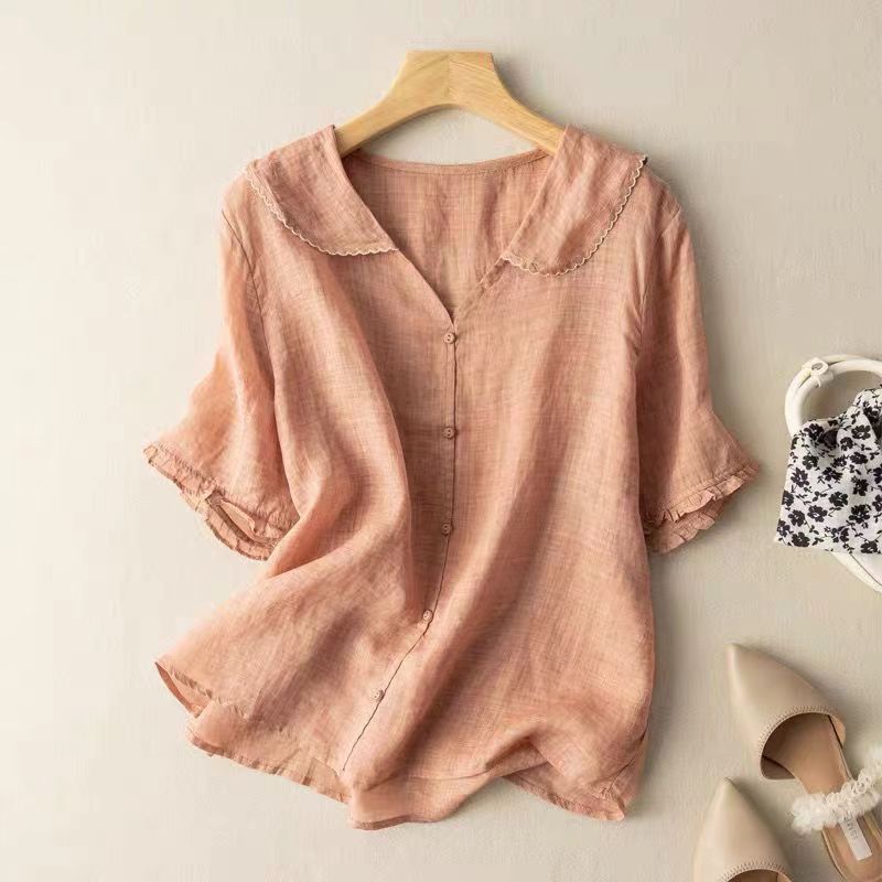 MODEGEIST Damen Vintage-Bluse Klassisch Wellenförmiger Kragen