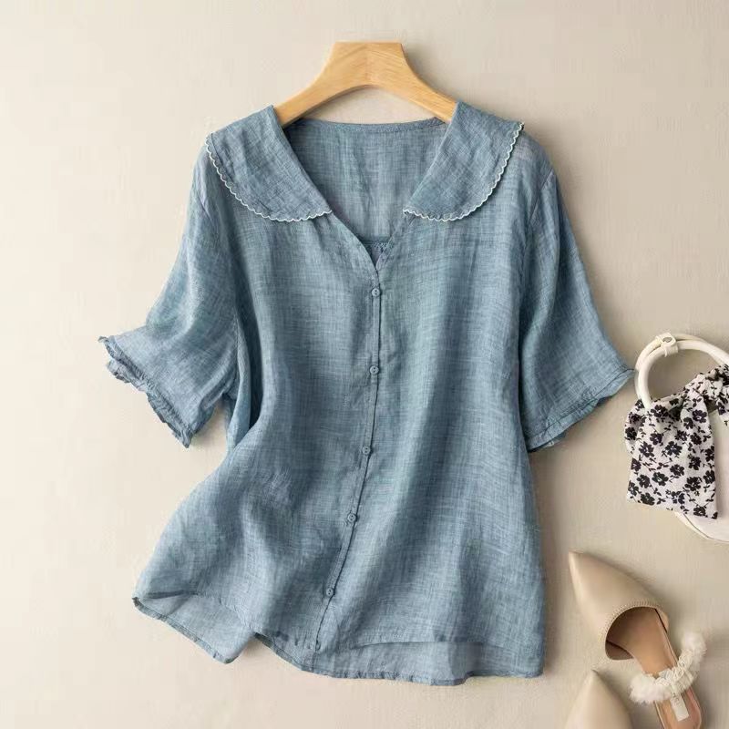 MODEGEIST Damen Vintage-Bluse Klassisch Wellenförmiger Kragen
