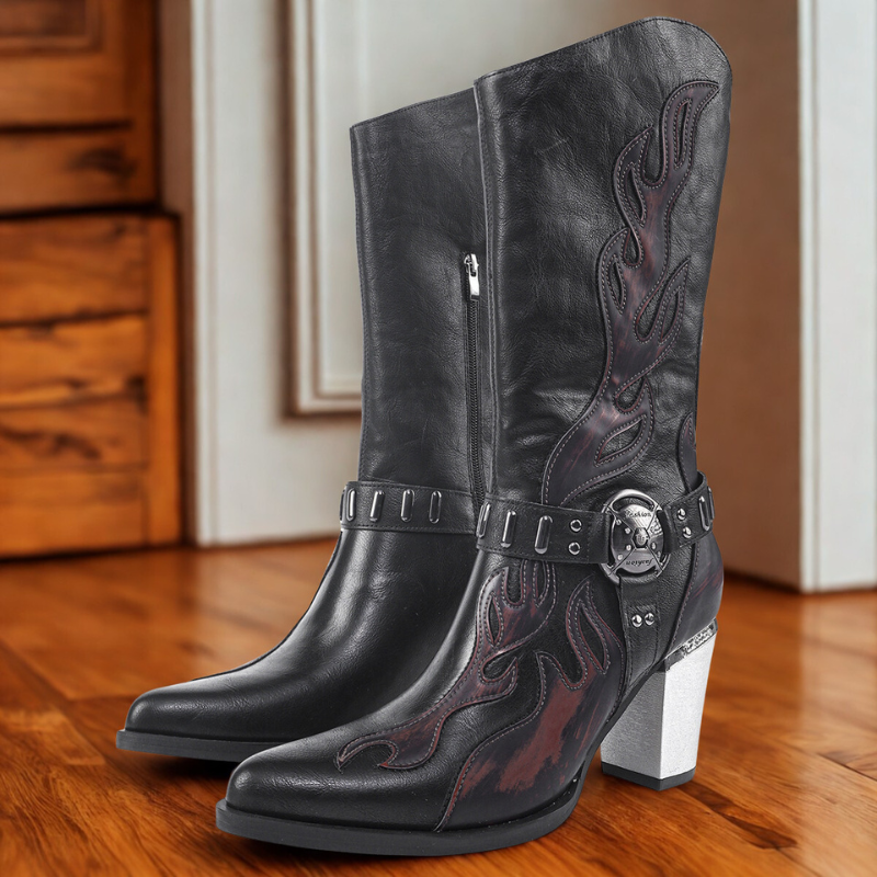 ModeGeist | Stiefel - Leder - Mittelwaden - Spitzzehe - Metallischer Blockabsatz