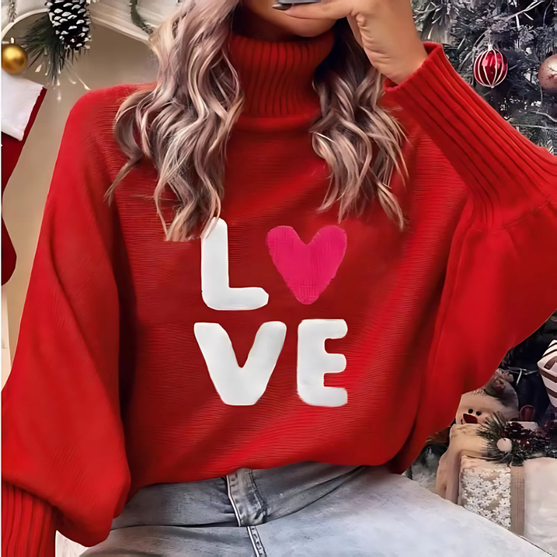ModeGeist | Damen Rollkragenpullover mit Langen Ärmeln und Love Print