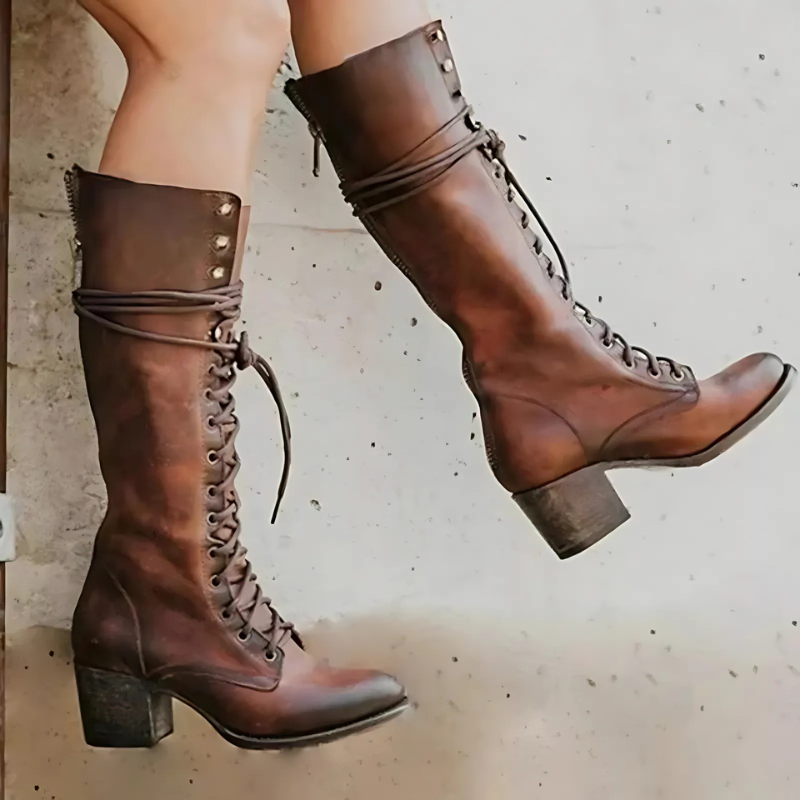 ModeGeist | Knöchelhohe Stiefel – Schnürverschluss – Blockabsatz – Reißverschluss Hinten – Stabile Sohle