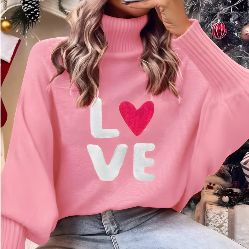 ModeGeist | Damen Rollkragenpullover mit Langen Ärmeln und Love Print