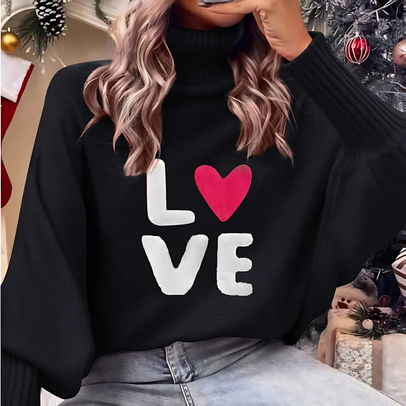 ModeGeist | Damen Rollkragenpullover mit Langen Ärmeln und Love Print