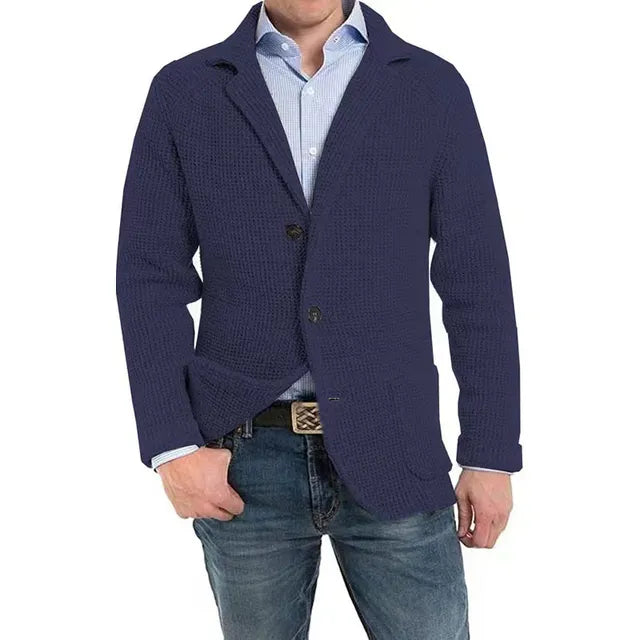 Herren-Waffelstrickjacke mit geripptem Kragen