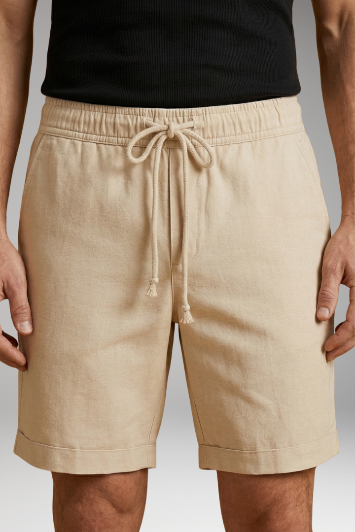 MODEGEIST Herren Leinen Shorts Elastikbund Kordelzug Seitentaschen
