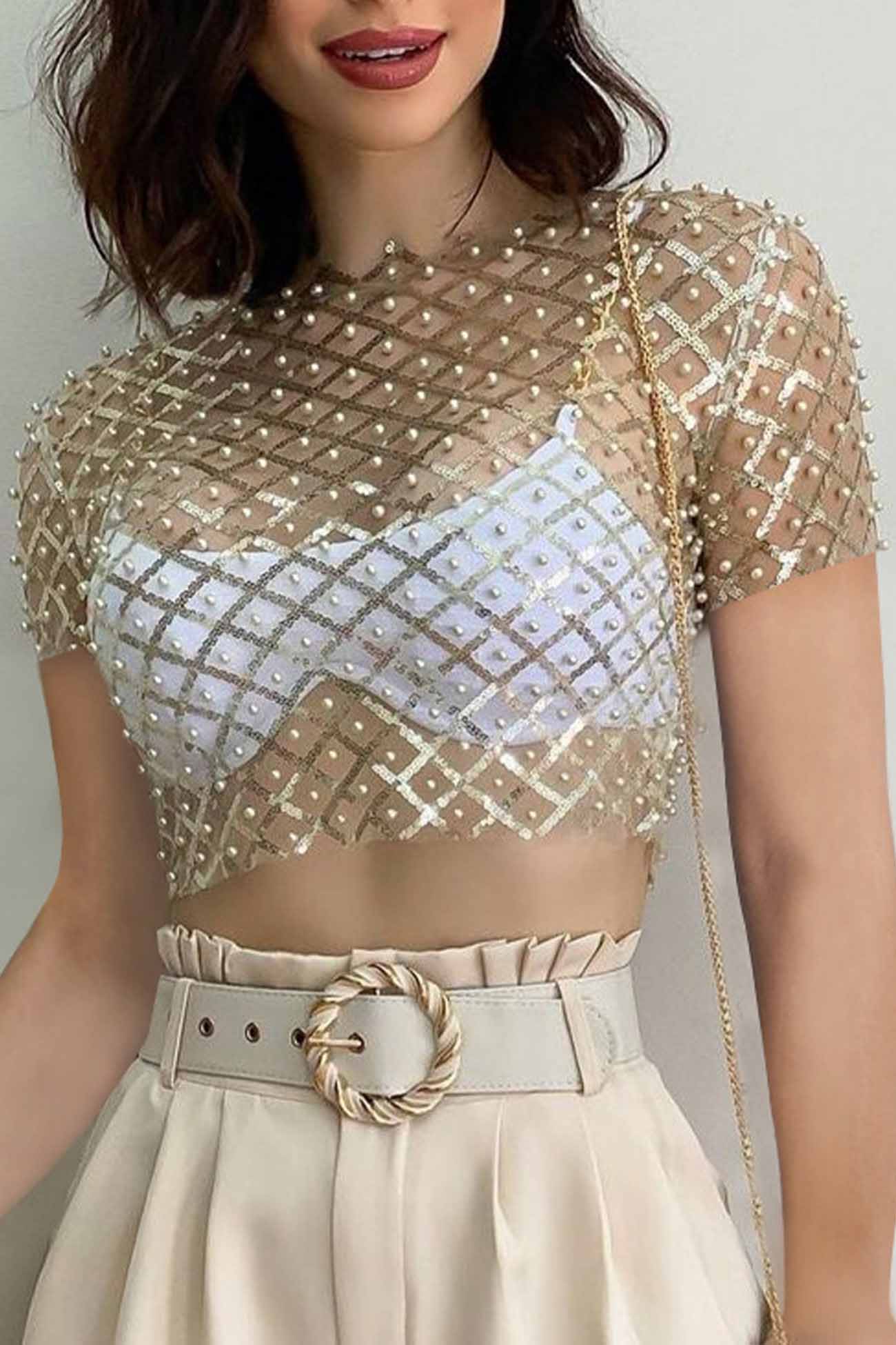 Short Sleeve T-Shirts with Beaded Sequins by Fudus