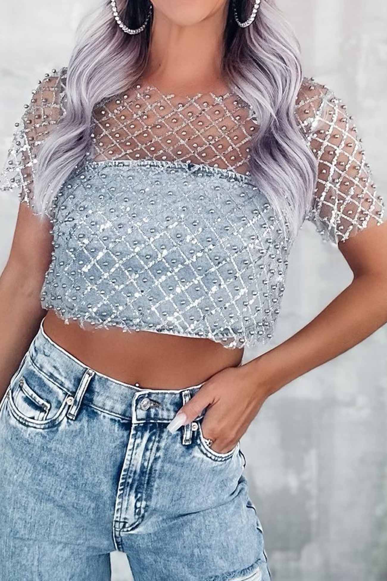 Short Sleeve T-Shirts with Beaded Sequins by Fudus