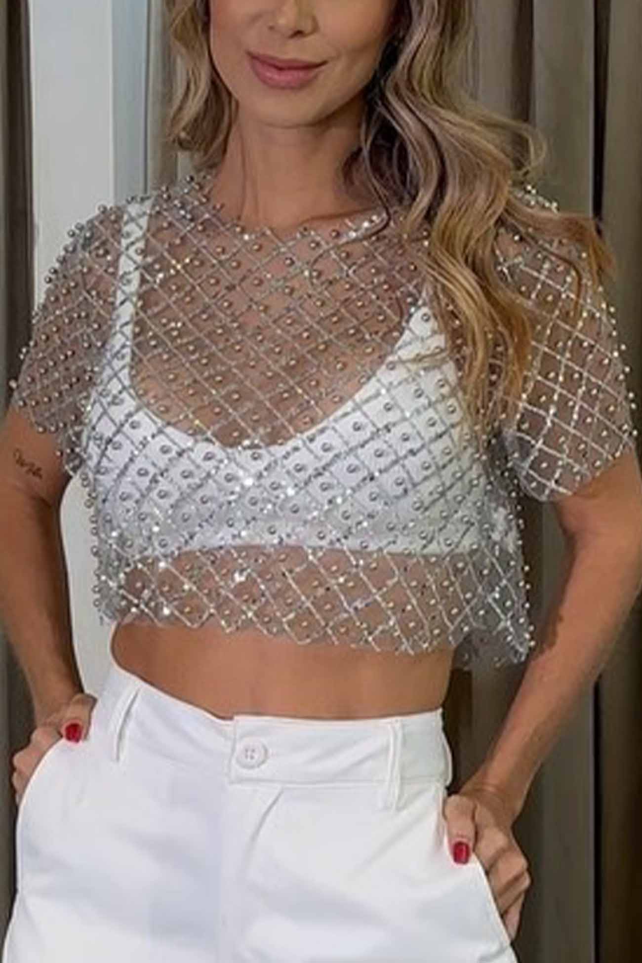 Short Sleeve T-Shirts with Beaded Sequins by Fudus