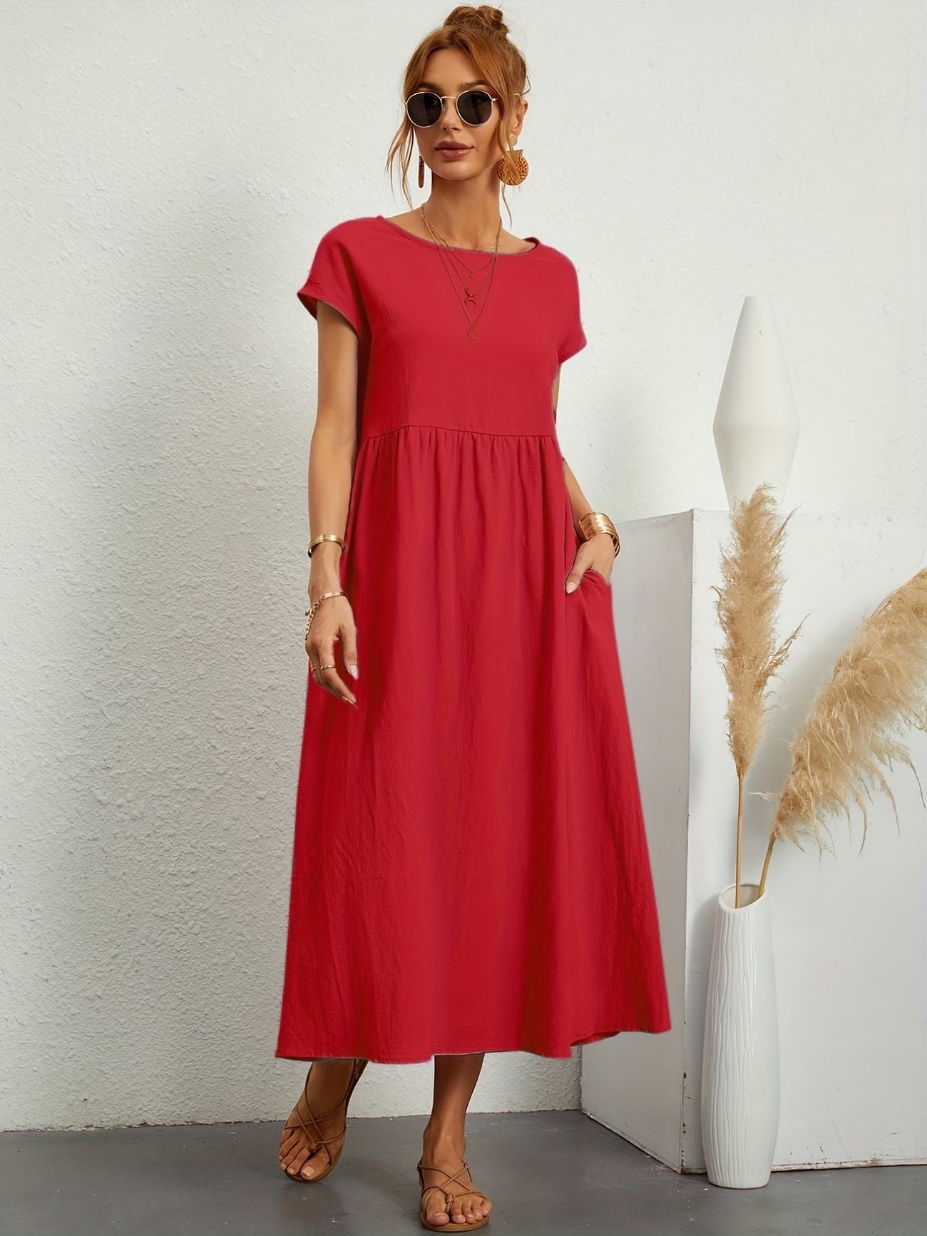 MODEGEIST Damen Sommerkleid A-Linie Kurzarm Leicht Beige