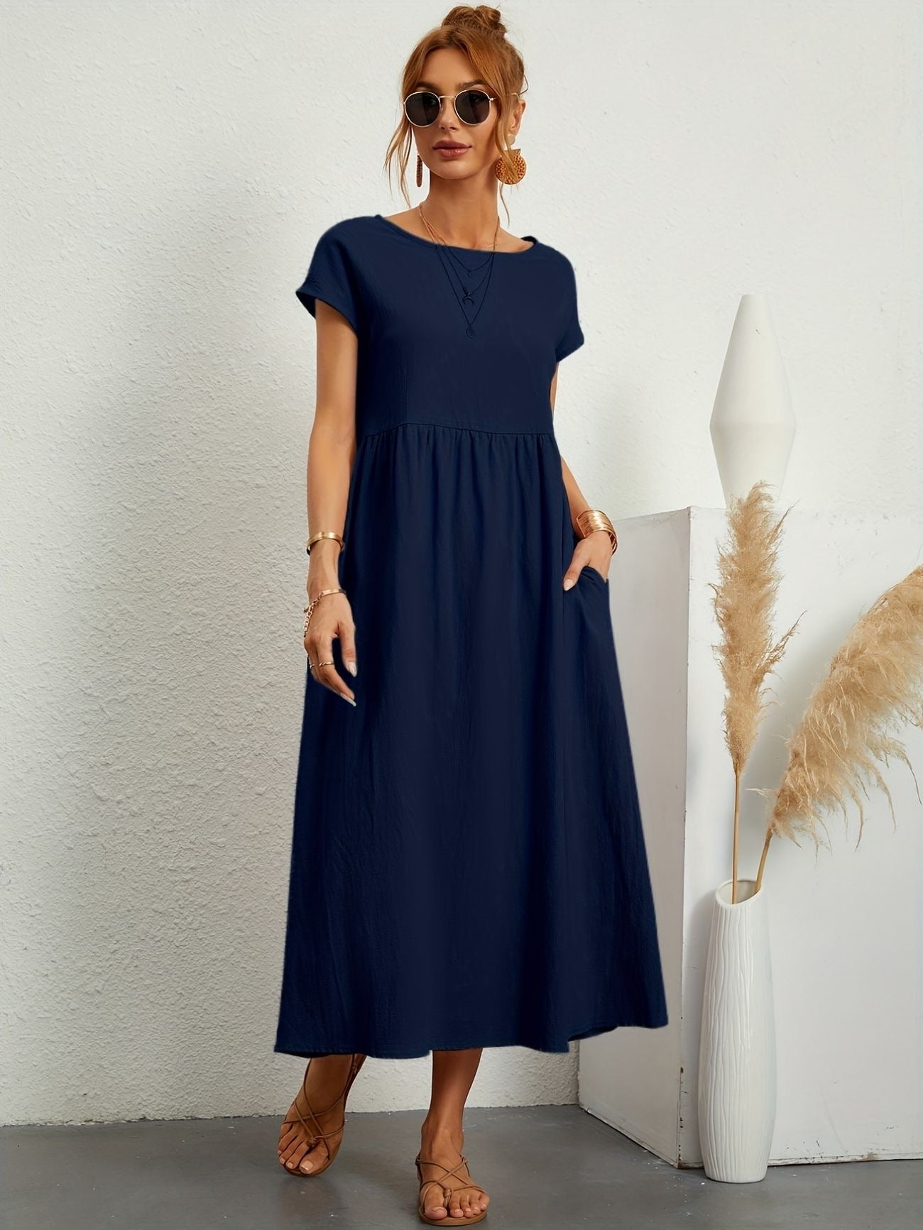 MODEGEIST Damen Sommerkleid A-Linie Kurzarm Leicht Beige