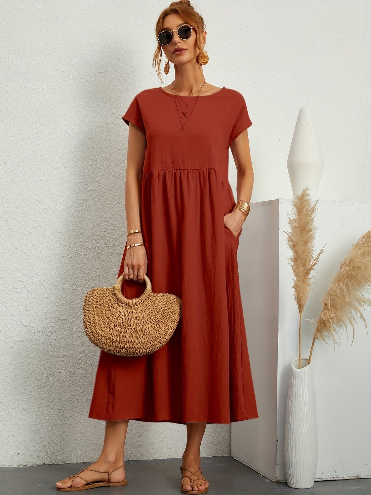 MODEGEIST Damen Sommerkleid A-Linie Kurzarm Leicht Beige