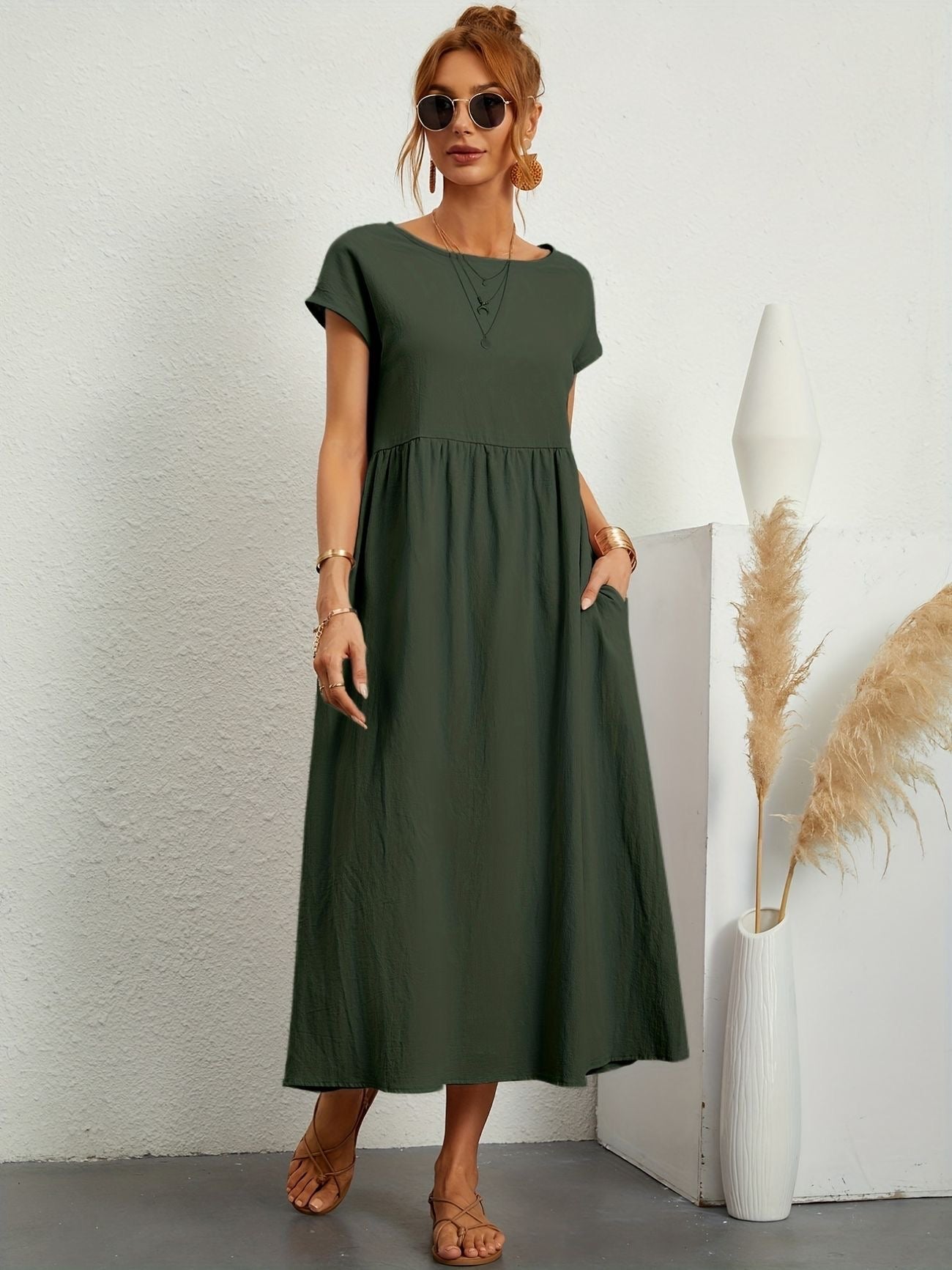 MODEGEIST Damen Sommerkleid A-Linie Kurzarm Beige