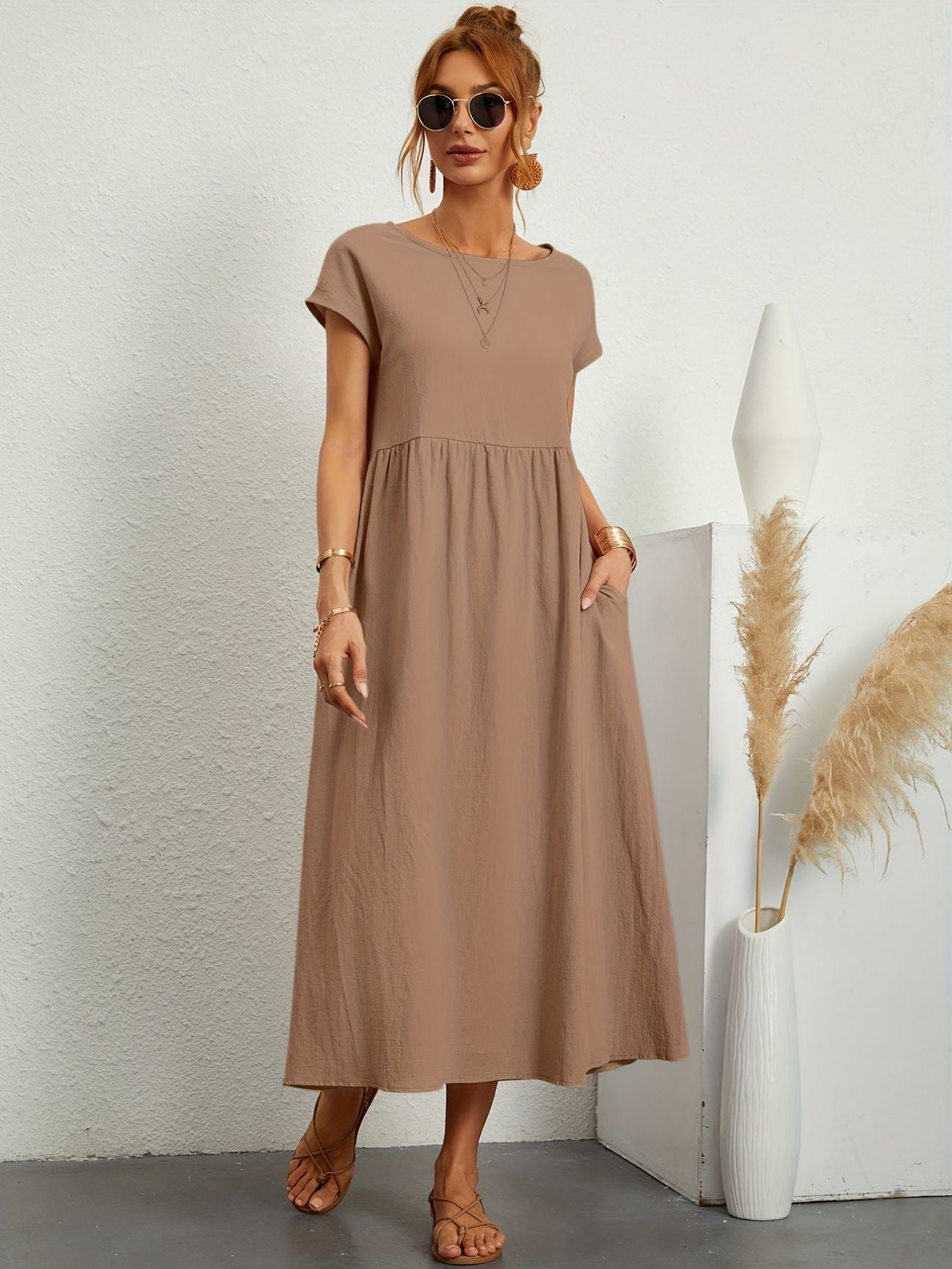 MODEGEIST Damen Sommerkleid A-Linie Kurzarm Leicht Beige
