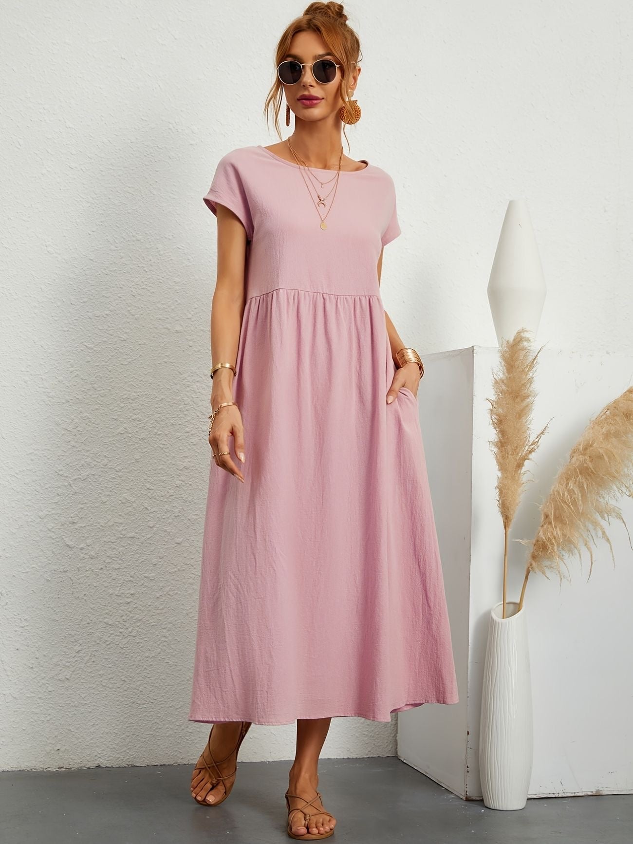 MODEGEIST Damen Sommerkleid A-Linie Kurzarm Leicht Beige
