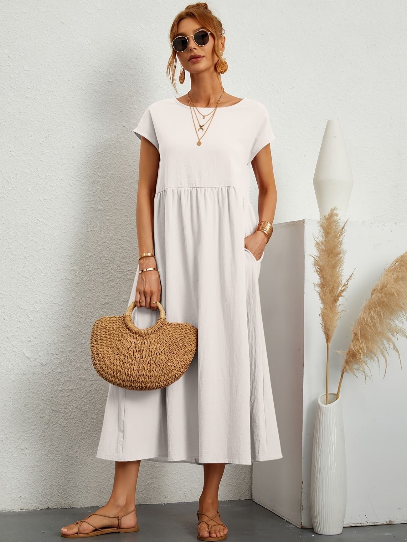 MODEGEIST Damen Sommerkleid A-Linie Kurzarm Leicht Beige