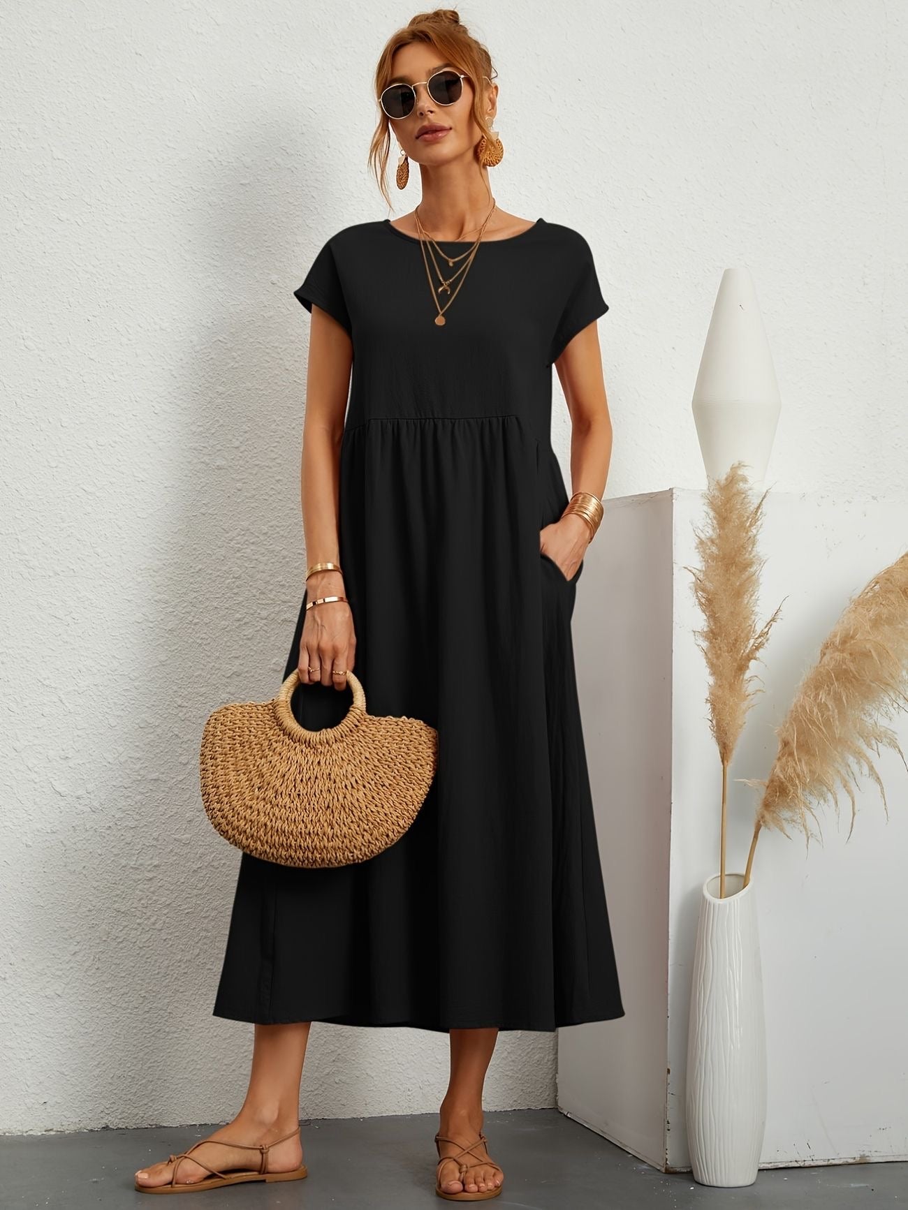 MODEGEIST Damen Sommerkleid A-Linie Kurzarm Leicht Beige