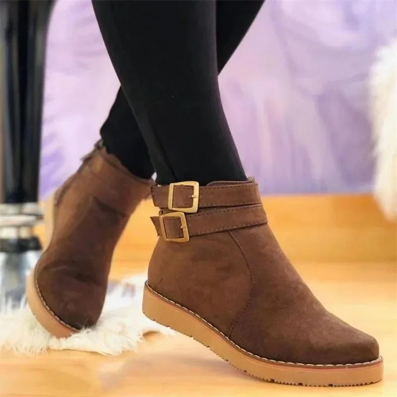 MODEGEIST Damen Ankle-Boots Doppel-Schnalle Stiefeletten Schwarz