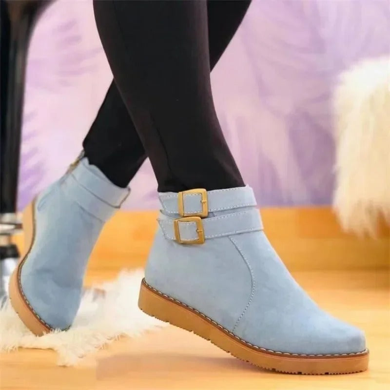 MODEGEIST Damen Ankle-Boots Doppel-Schnalle Stiefeletten Schwarz