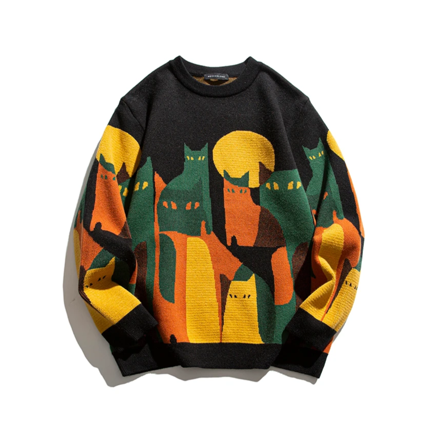 MODEGEIST Damen Pullover Katzen-Motiv Strick gemütlich verspieltes Design