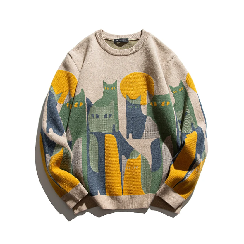 MODEGEIST Damen Pullover Katzen-Motiv Mond Beige Gemütlich
