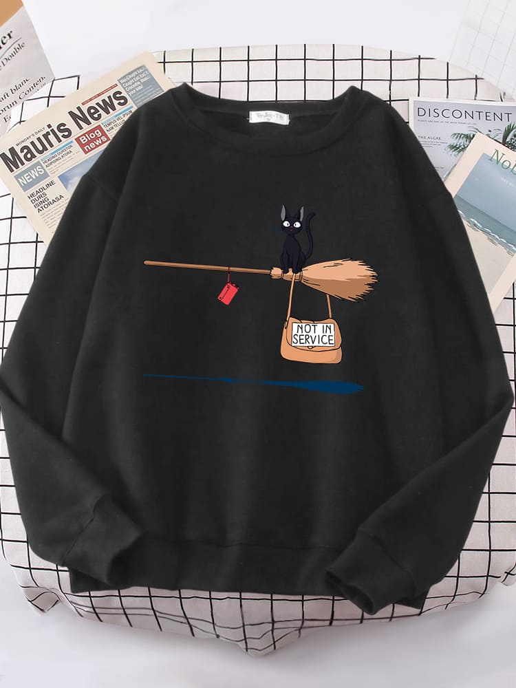 Damen-Pullover mit magischem Besen-Motiv für Katzenliebhaber