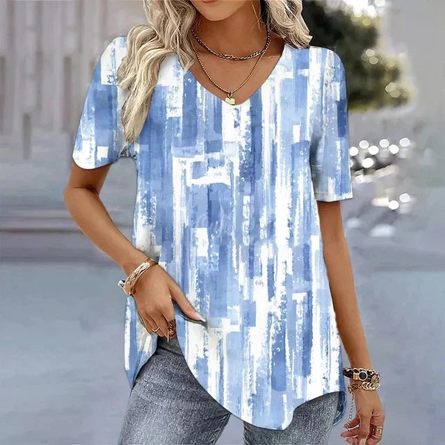MODEGEIST Damen Gestreiftes V-Ausschnitt T-Shirt Kurze Ärmel Weicher Stoff