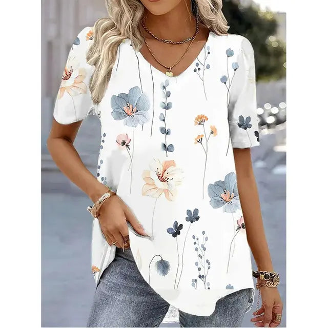 MODEGEIST Damen Gestreiftes V-Ausschnitt T-Shirt Kurze Ärmel Weicher Stoff