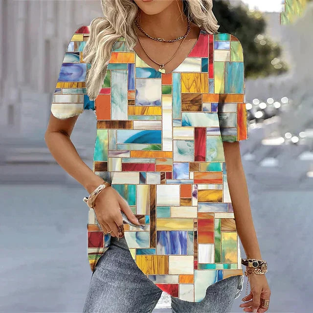 MODEGEIST Damen Gestreiftes V-Ausschnitt T-Shirt Kurze Ärmel Weicher Stoff