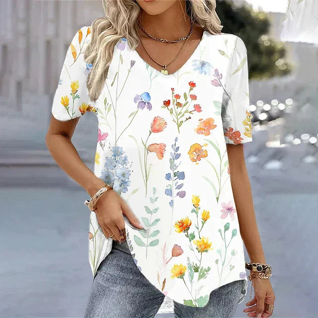 MODEGEIST Damen Gestreiftes V-Ausschnitt T-Shirt Schwarz-Weiß