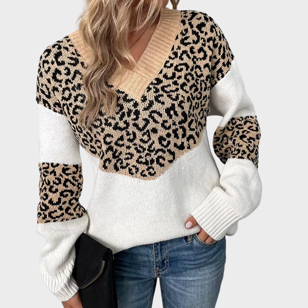 MODEGEIST Damen V-Ausschnitt Pullover Leopardenmuster Weichstrick