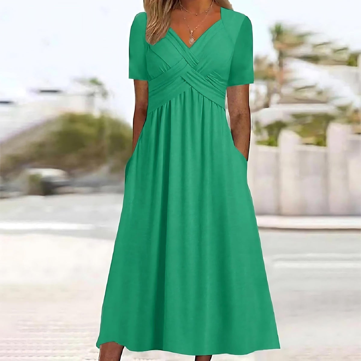 Elegantes kurzärmliges Damen-Midikleid mit V-Ausschnitt