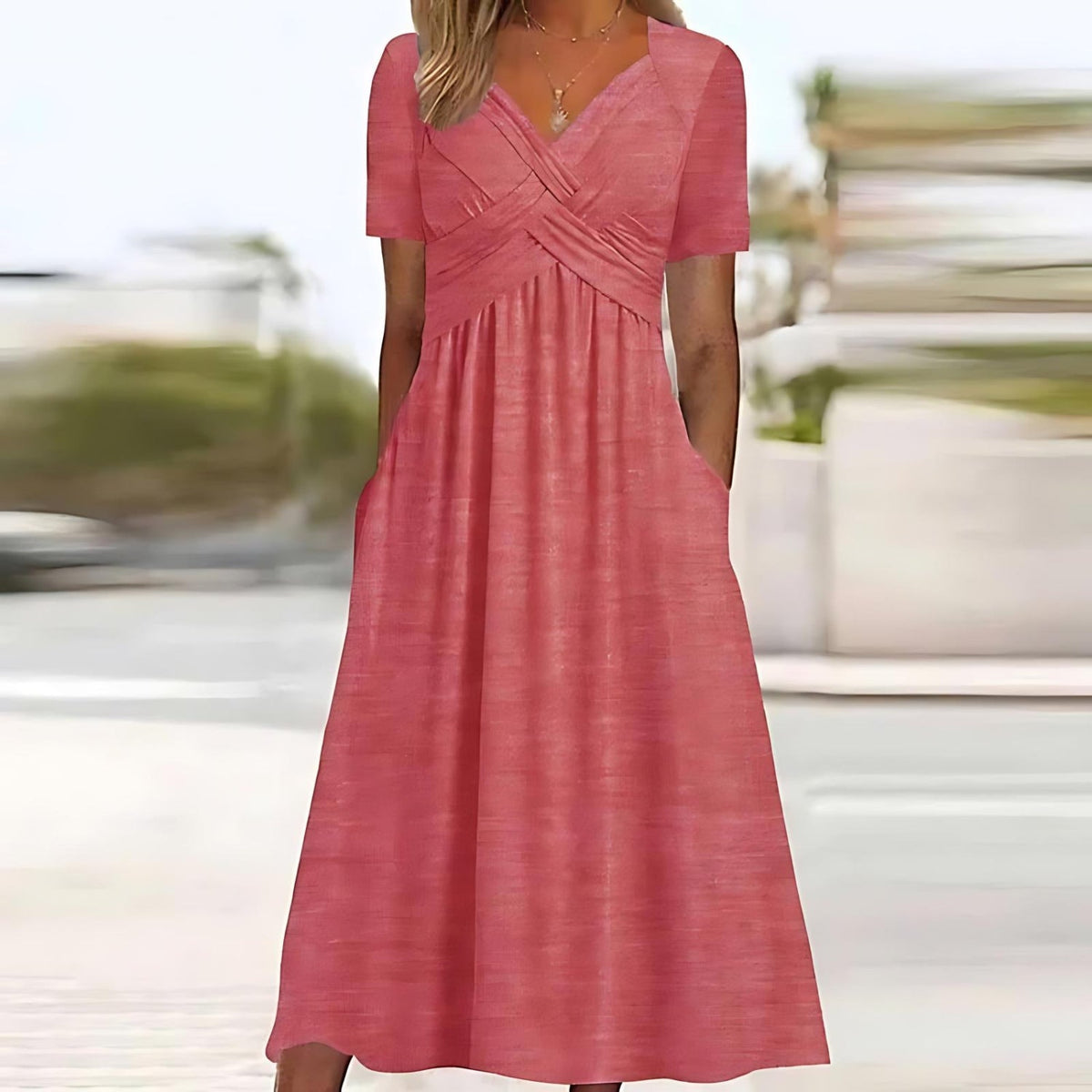 Elegantes kurzärmliges Damen-Midikleid mit V-Ausschnitt