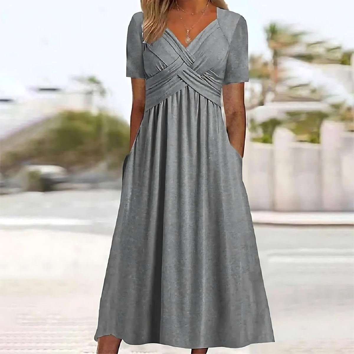 Elegantes kurzärmliges Damen-Midikleid mit V-Ausschnitt