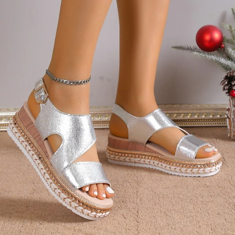 MODEGEIST Damen Plateau-Sandalen Metallic Verstellbare Knöchelriemen
