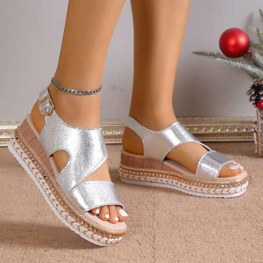 MODEGEIST Damen Plateau-Sandalen Metallic Verstellbare Knöchelriemen