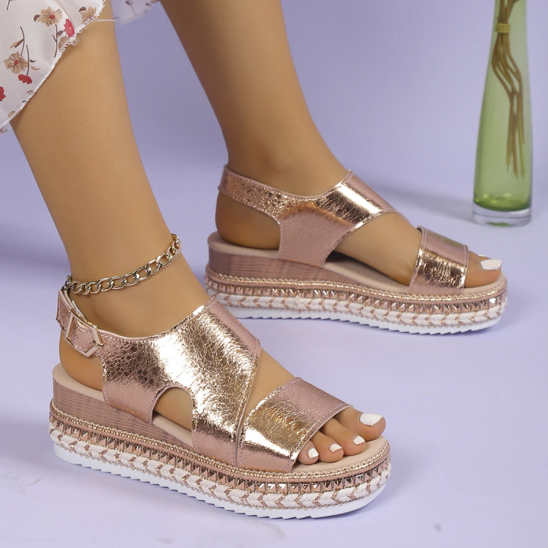 MODEGEIST Damen Plateau-Sandalen Metallic Verstellbare Riemchen Knöchelriemen