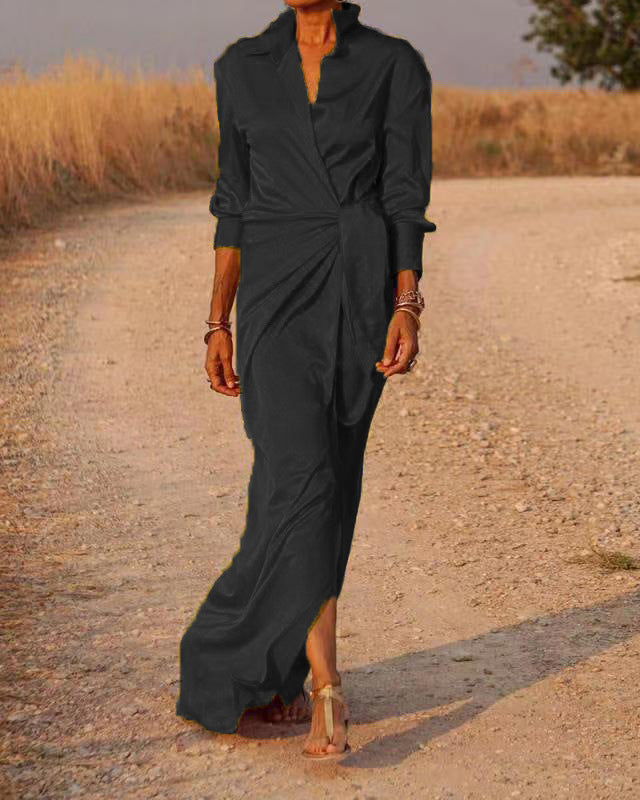 Damen Elegantes Wickel-Maxi-Kleid mit vielseitigem Kragen und seitlichem Schlitz ModeGeist