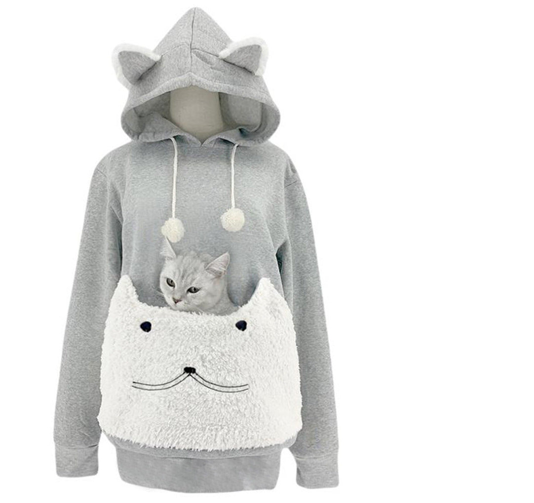 Damen Kuscheliger Kapuzenpullover mit Katzenmotiv und praktischer Känguru-Tasche ModeGeist