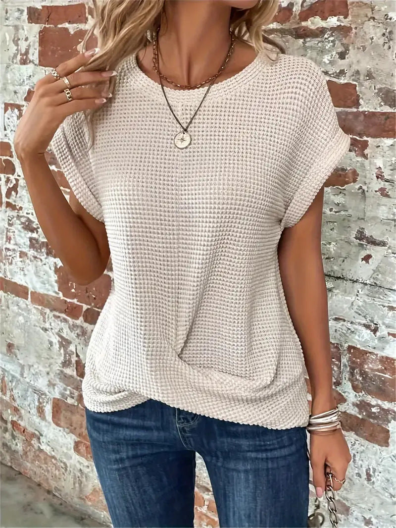 MODEGEIST Damen Casual T-Shirt Waffelstrick Kurze Ärmel Twist-Design