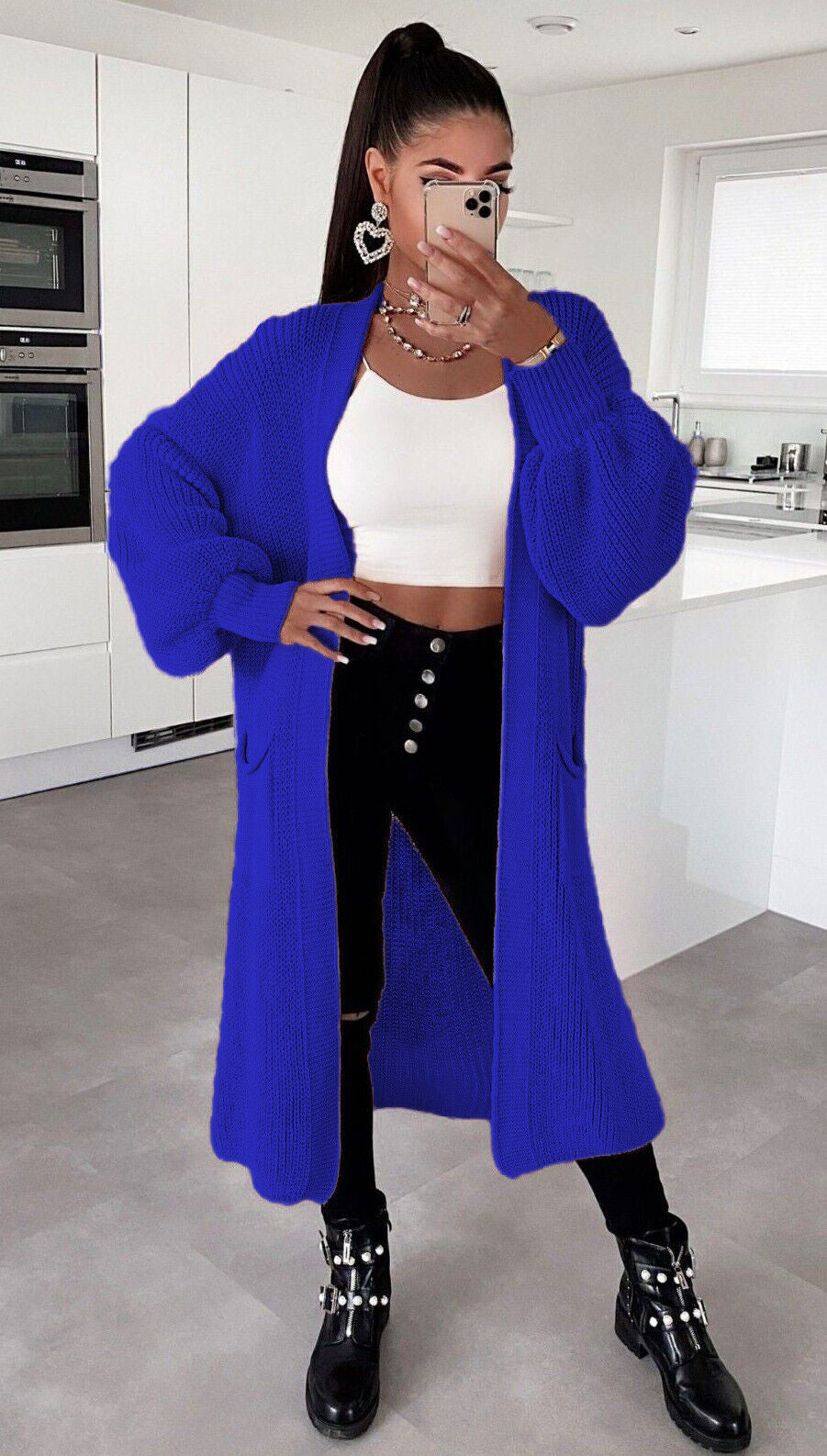 Damen Langstrickjacke mit grober Maschenstruktur und praktischen Taschen ModeGeist