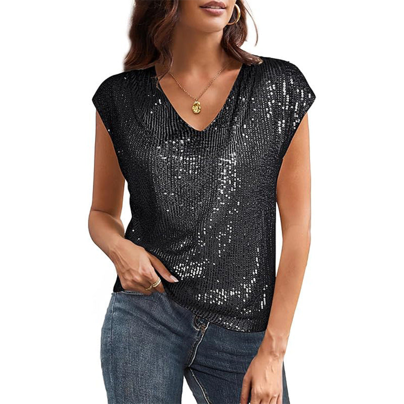 Damen Funkelndes V-Ausschnitt-Top mit Pailletten ModeGeist
